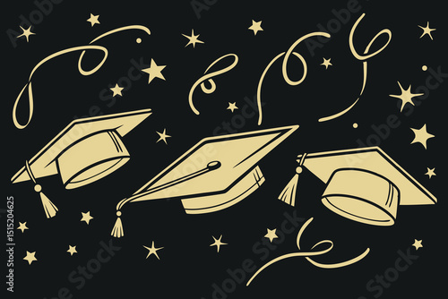 Graduation design with tossed caps, sparkling confetti, and dark background. Flat vector border perfect for posters, invites, and party banners.