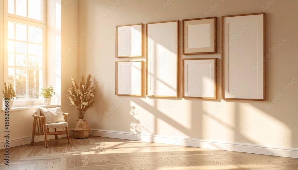 Fototapeta premium Sunlit Room with Empty Picture Frames and Cozy Chair Minimalist Interior Design.