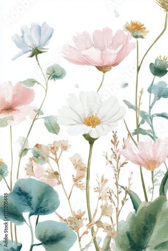 Elegant watercolor illustration of delicate wildflowers and foliage in a soft pastel palette. The composition features white, pink, and blue blossoms with subtle green and beige stems and leaves