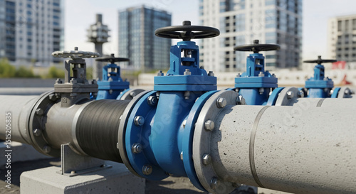 Blue gate valves and pipes on a modern city water system connecting to buildings for urban water supply and utility management.