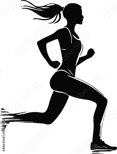 Black vector silhouette of a running woman's body in a dynamic sport pose.