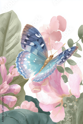 Delicate watercolor illustration of a blue butterfly resting gracefully on soft pink flowers and lush green leaves. The dreamy, hand-painted composition evokes a sense of peace, nature, and feminine 