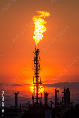 Wallpaper Mural Tall shot of a gas flare tower burning at dusk, flames rising high against a gradient sky, industrial silhouette theme. Torontodigital.ca