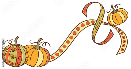 Decorative pumpkins with ribbons, elegant autumn harvest illustration, vector design