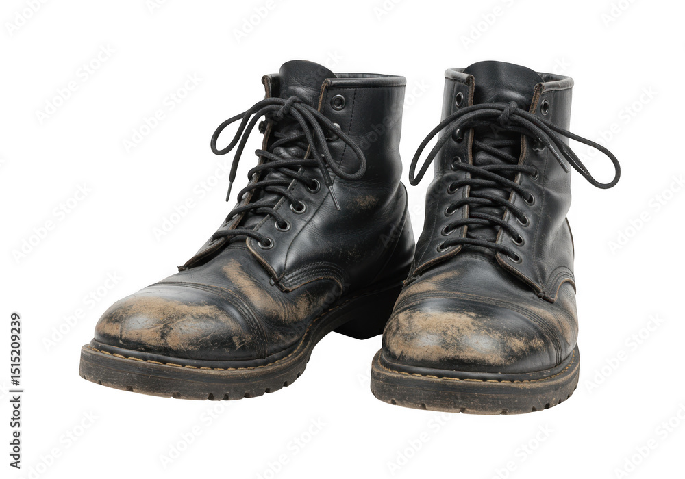 Pair of worn black leather boots isolated on transparent background Pair of worn black leather boots isolated on transparent background