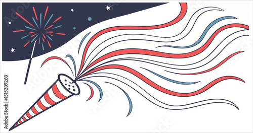 Party popper with streamers and fireworks, festive celebration vector illustration