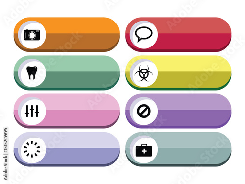Modern vector illustration of eight colored buttons with various icons and rounded edges