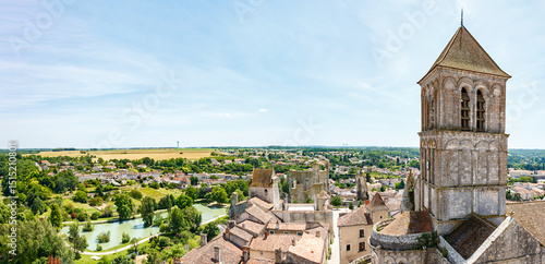 Chauvigny, elevated panoramic general view from the dungeon, Saint Pierre Church, sunny afternoon, near Poitiers, France