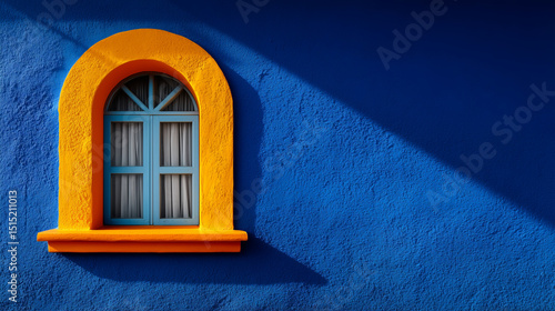 Yellow arched window on vivid blue stucco wall