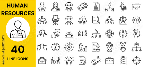 HR and Human Resources Icons – Resume, Interview, Recruit, Team, Employee, Job, Profile, Manager, Hiring, Talent, People, Career, Staff, Training, Candidate