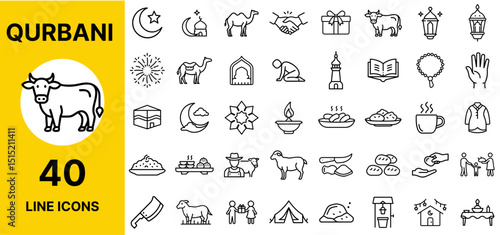Eid Qurbani Icons – Cow, Goat, Sheep, Meat, Knife, Sacrifice, Butcher, Halal, Animal, Festival, Slaughter, Muslim, Donation, Feast, Worship
