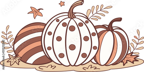  Decorative pumpkins arrangement with autumn leaves and floral accents, festive fall design