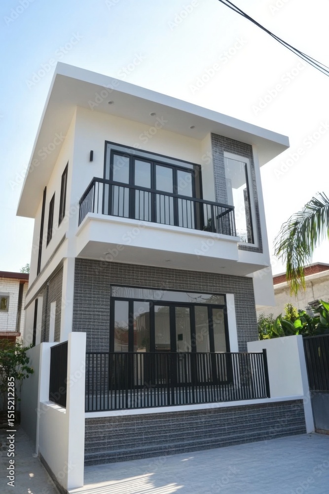 Fototapeta premium Modern two-story house featuring a sleek design with large windows and a welcoming entrance in a residential neighborhood during daytime