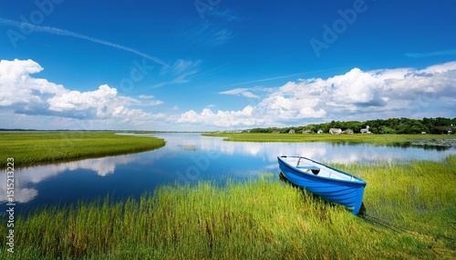 tranquil view niantic connecticut salt marsh in summer with blue sky and blue boat reflections of cumulus clouds in still water with copy space saltwater tidal marsh east lyme new england scenic