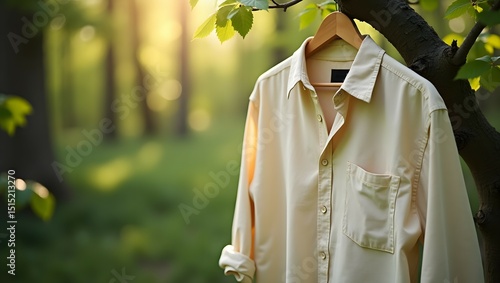 Eco Linen Shirt Hanging on Tree Branch in Sunlit Forest – Natural Lifestyle Concept