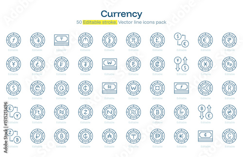 Currency line icon pack. Currency Stroke icon set. Editable Stroke icon