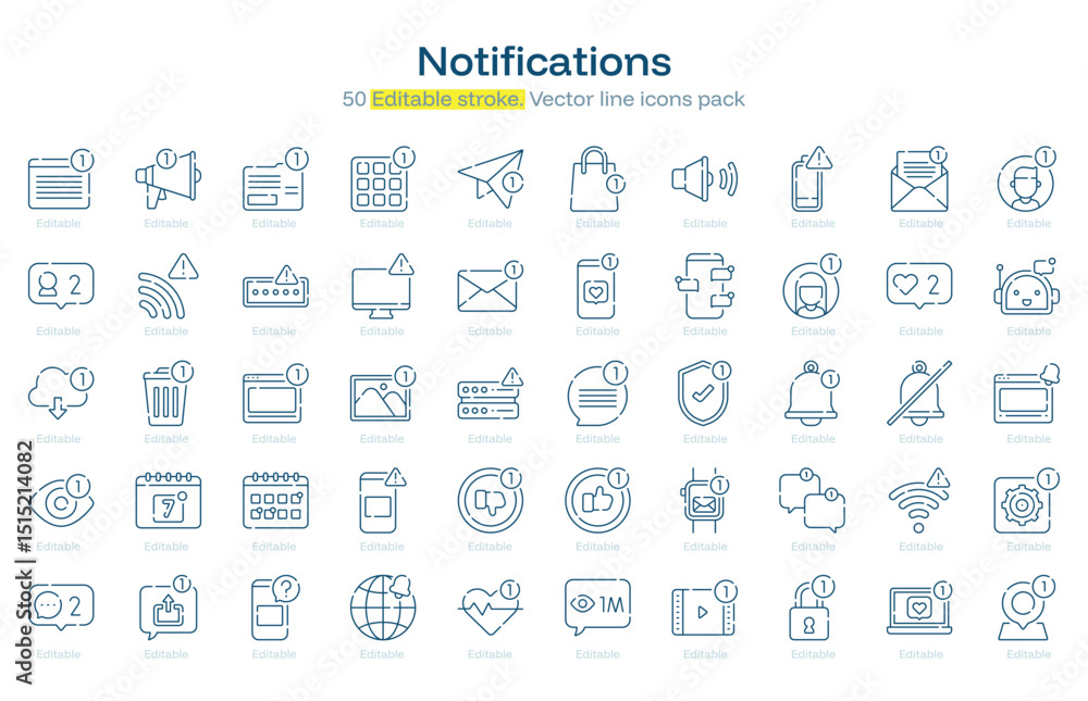 Notifications line icon pack. Notifications Stroke icon set. Editable Stroke icon Notifications line icon pack. Notifications Stroke icon set. Editable Stroke icon