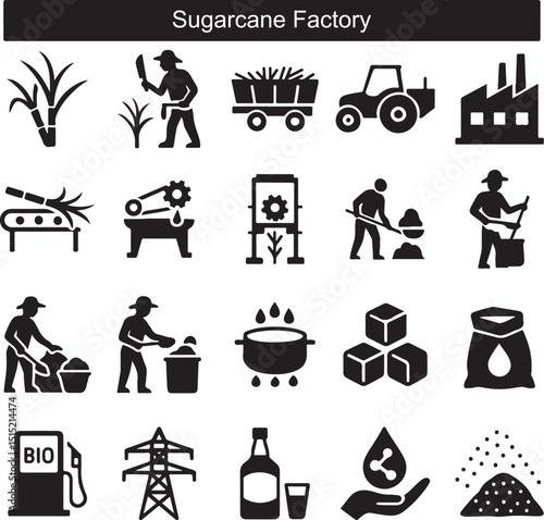 Sugarcane Factory Production Process Icon Set