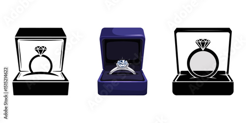 Open jewelry box with diamond gold ring inside, Velvet box with golden ring wedding symbol isolated cartoon icon. Vector pillow in red case of square shape with engagement ring with diamond germstone.