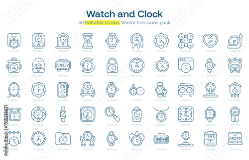 Watch and Clock line icon pack. Watch and Clock Stroke icon set. Editable Stroke icon