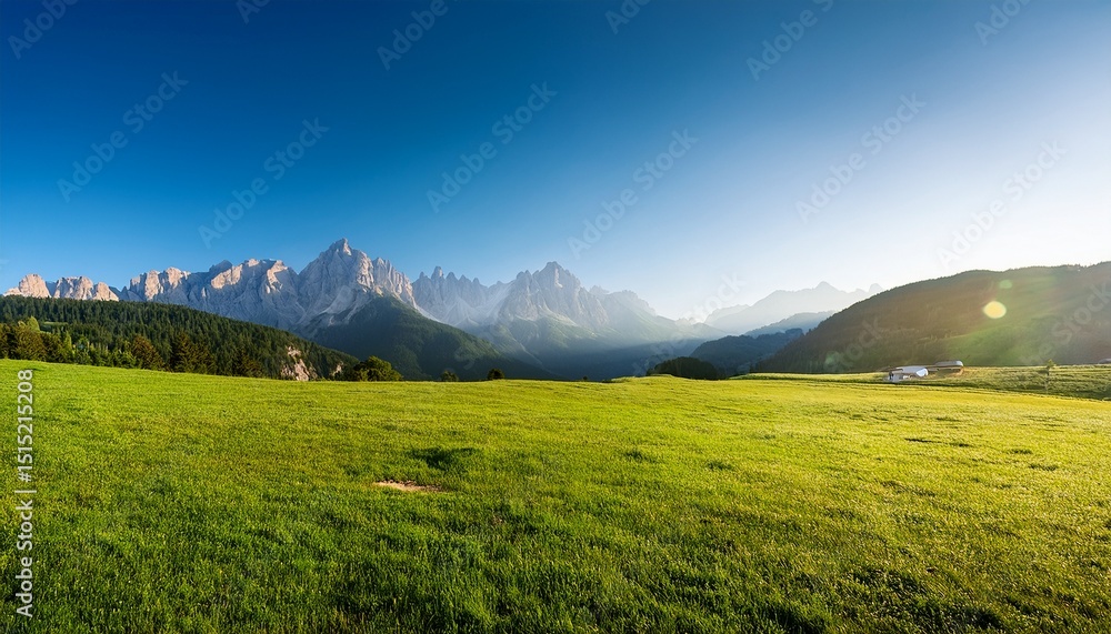 Fototapeta premium wide landscape scenery with beautiful green grass land and mountain range in the morning with copy space at side