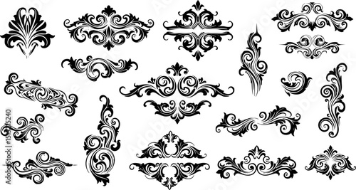 ornamental text divider, elegant border design elements, perfect for web, page decoration, invitations, cards. Vintage style, monochromatic, vector set. Unique, intricate swirls, curls, shapes