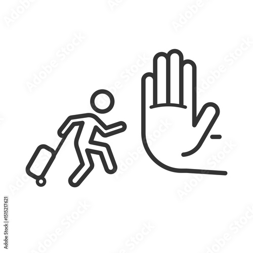 emigration and immigration clip art icon symbol, closing borders concept, no trespassing sign, restricted area sign, do not enter sign, human hand shows stop gesture, isolated linear vector