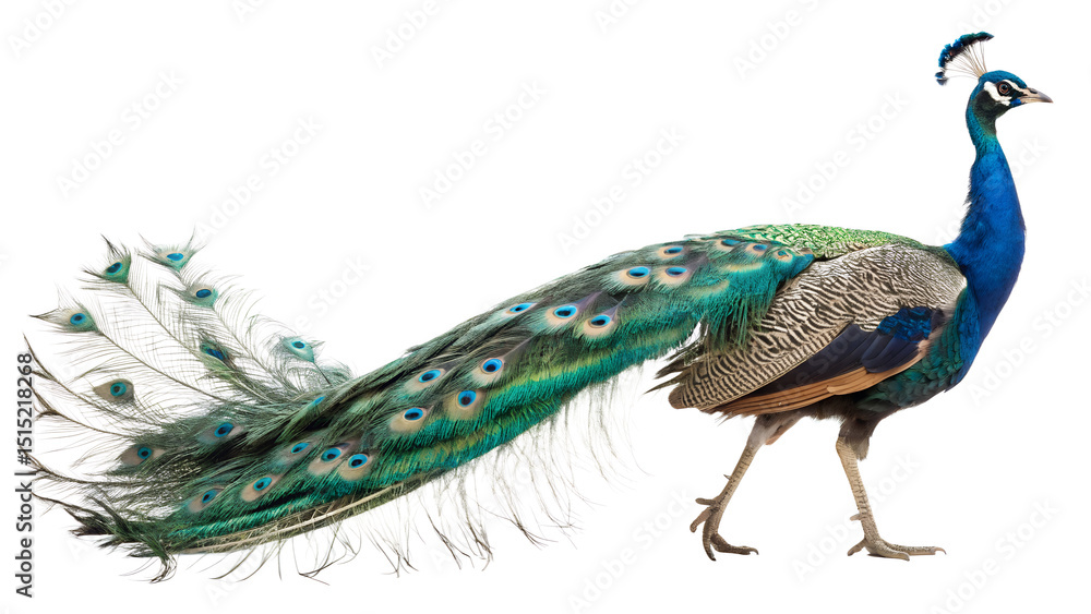 Fototapeta premium Majestic peacock standing in an old isolated on white background 