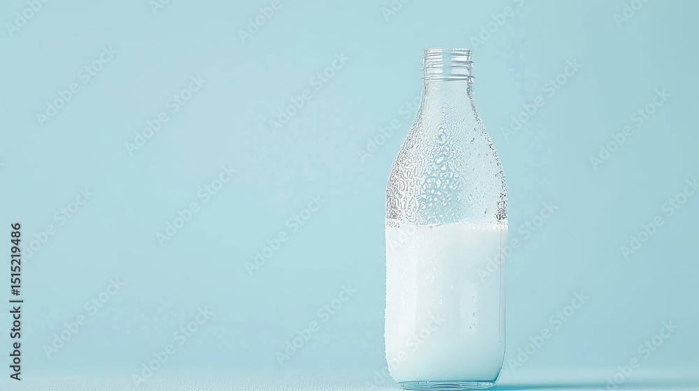 Milk in a glass bottle on a light blue background. Concept of healthy food, dairy, freshness, and beverage. Milk in a glass bottle on a light blue background. Concept of healthy food, dairy, freshness, and beverage.
