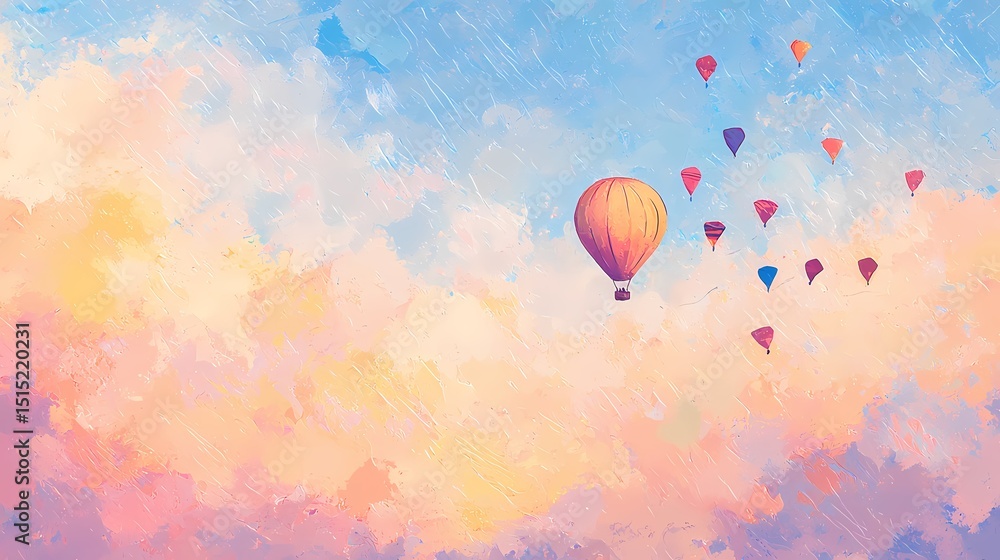 Obraz premium Artistic painting of hot air balloons soaring in a vibrant sunset sky. Conceptual image of adventure, freedom, travel, and dreams.