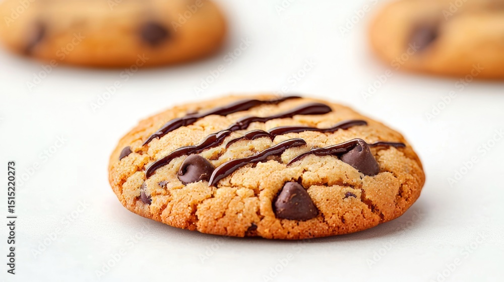 Close up of a single chocolate chip cookie with chocolate drizzle, focus on texture and detail. Sweet treat, bakery, dessert concept. Close up of a single chocolate chip cookie with chocolate drizzle, focus on texture and detail. Sweet treat, bakery, dessert concept.