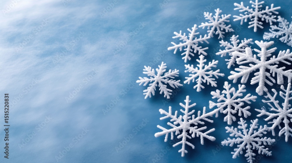 Delicate snowflakes are arranged on a smooth blue surface, evoking a sense of winter joy and tranquility. The design highlights the intricate patterns of each flake Delicate snowflakes are arranged on a smooth blue surface, evoking a sense of winter joy and tranquility. The design highlights the intricate patterns of each flake