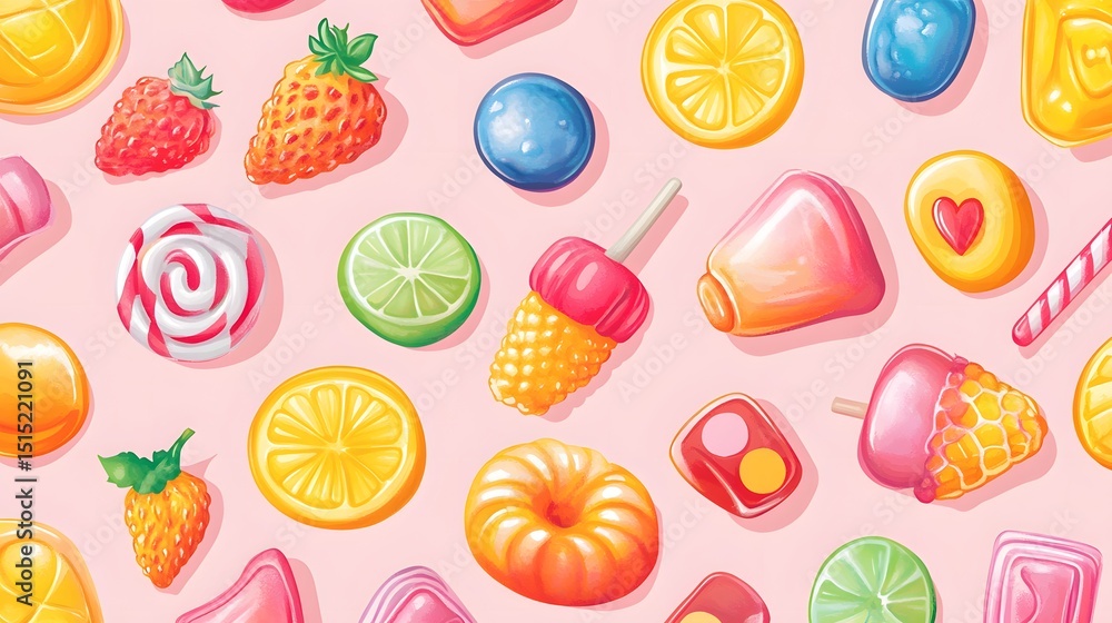 A colorful pattern of various sweet treats. A colorful pattern of various sweet treats.