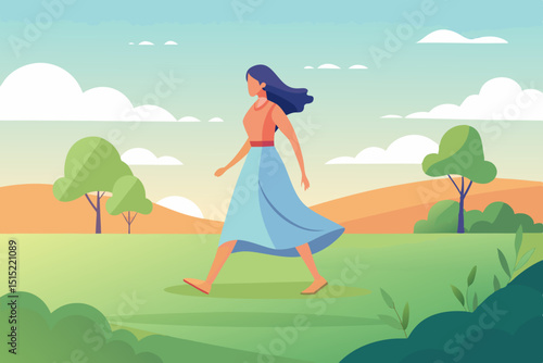 Woman in a flowing dress walks barefoot on dewy grass in early morning light