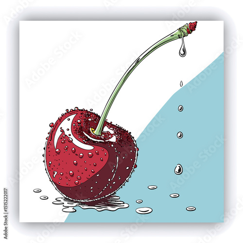 A single, vibrant red cherry covered in glistening water droplets is the primary focus, positioned slightly off-center to the left in the image. The cherry's surface is densely speckled with water, cr
