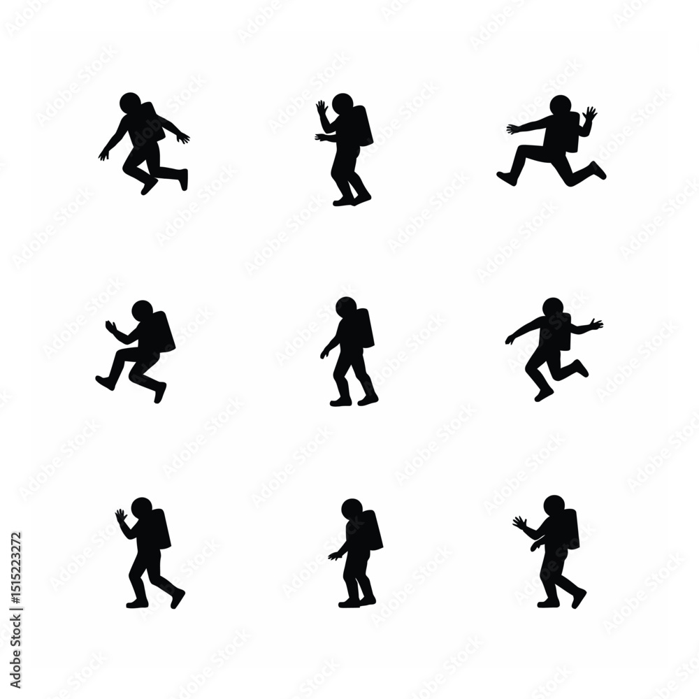 Nine astronaut silhouettes in various poses spacewalk set Nine astronaut silhouettes in various poses spacewalk set
