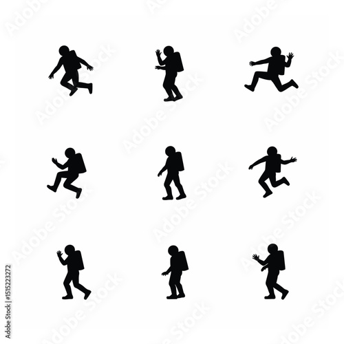 Nine astronaut silhouettes in various poses spacewalk set
