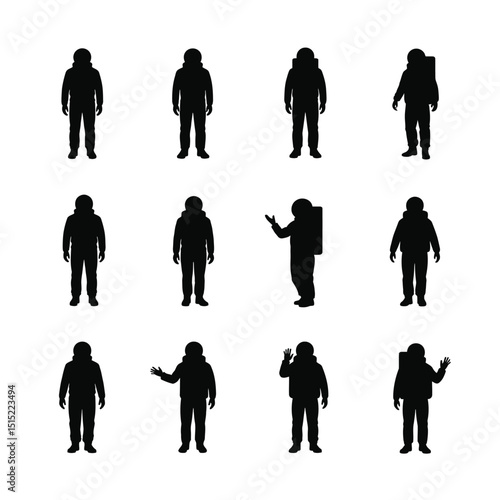 Twelve astronaut silhouettes diverse poses space exploration set