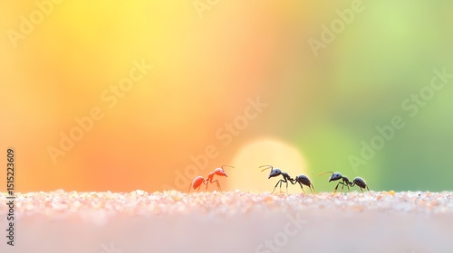 Macro photography of three ants on a textured surface with a soft, colorful bokeh background.  Illustrates teamwork, nature, insects, and macro photography.