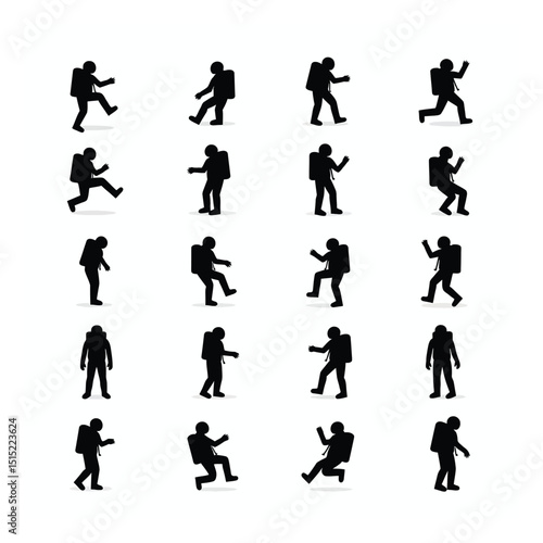 Astronaut silhouette set diverse poses spacewalk