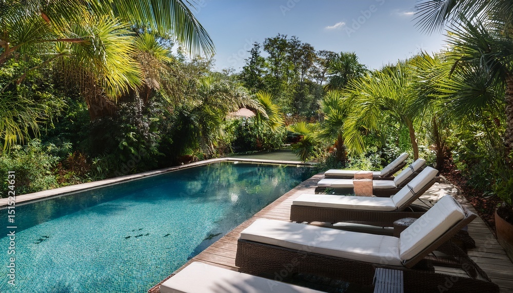 Obraz premium luxurious tropical oasis with pool and sun loungers surrounded by lush greenery