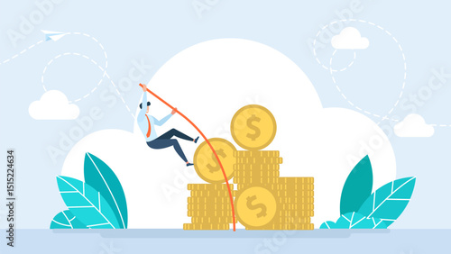 Businessman pole vault jumping dollar. Business concept of success challenge. Businessman jumps pole vault for money. Jump pass cliff gap with money. Pursuit of money. Money chase. Vector illustration