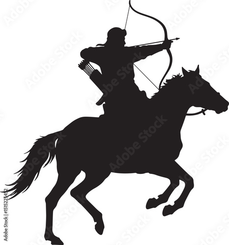 Silhouette of Mounted Archer on Horseback - Traditional Equestrian Warrior, Bow and Arrow Combat, Historical Horse Rider, Medieval Cavalry, Nomadic Marksman, Ancient Warfare, Battle Archery Skill