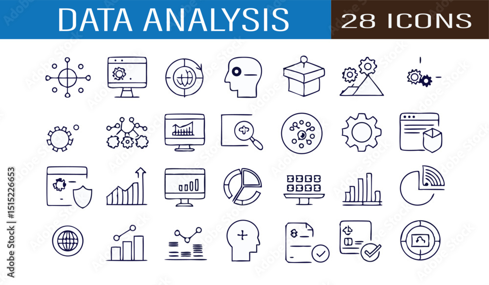 Collection of hand drawn data analysis icons illustrating statistics charts and digital technology Collection of hand drawn data analysis icons illustrating statistics charts and digital technology
