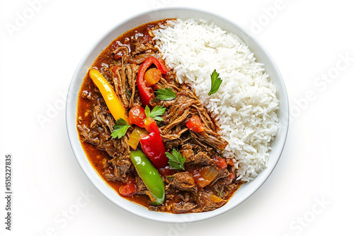 A photorealistic top-down view of a Cuban ropa vieja