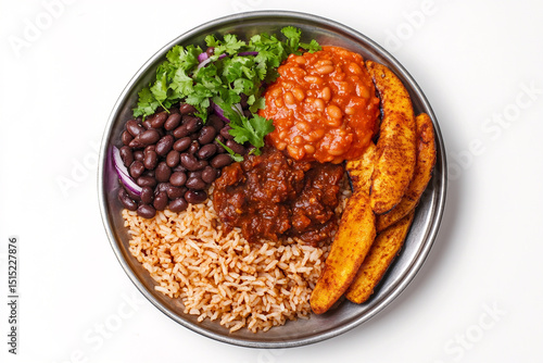 A photorealistic top-down view of a Ghanaian waakye
