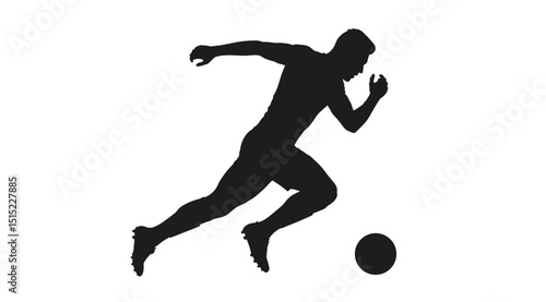 Silhouette of a young athletic man running after a ball playing soccer