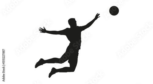 Silhouette of an athletic young man jumping after a ball while playing soccer