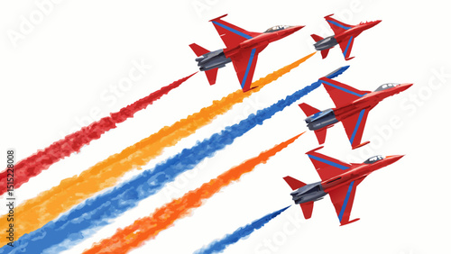 Red air show jets flying in formation with colorful smoke trails