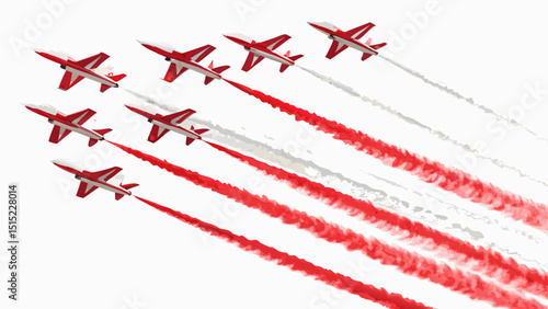 Red airplanes flying in formation, smoke trails